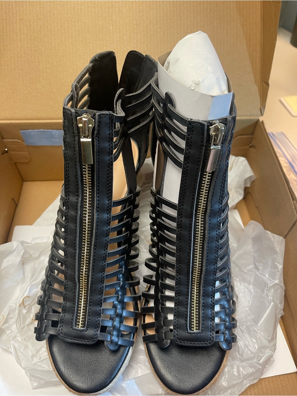 JustFab Black Strappy Wedge Sandals with Gold Zippers